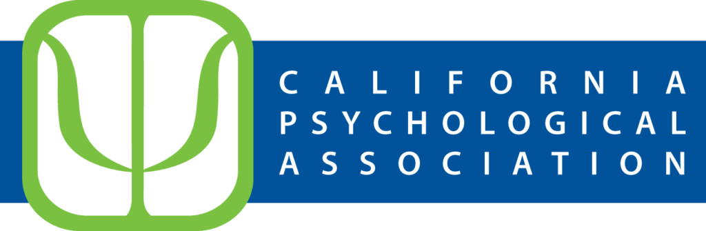 California Psychological Association logo featuring a green and white abstract design alongside bold blue text, representing the organization’s focus on mental health.
