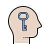 A silhouette of a human head with a key inside represents the concept of unlocking knowledge or ideas, highlighting themes of insight and discovery.